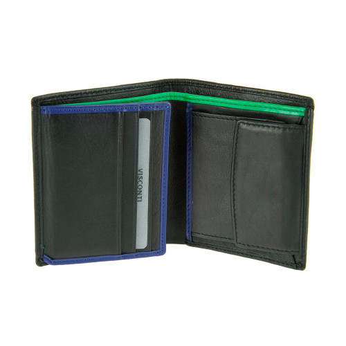 Мужской кожаный кошелек с монетницей Visconti BD22 c RFID Dr. No (Black/Cobalt/Green)