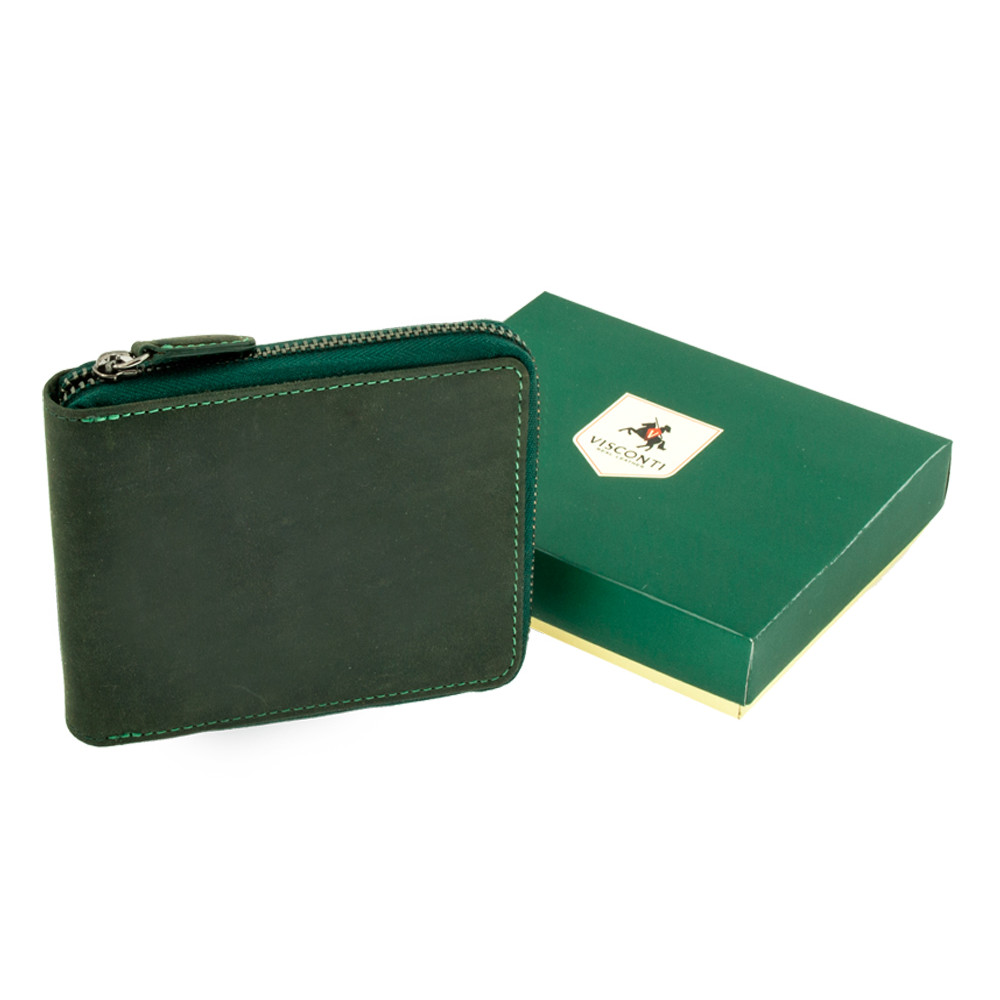 Мужской кожаный кошелек на молнии с монетницей Visconti 702 - Bullet (oil green)