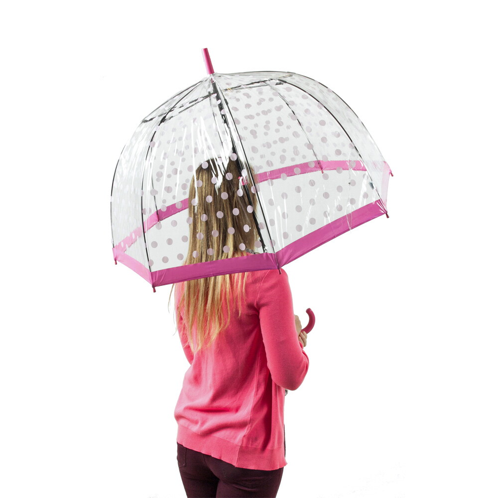 Женский прозрачный зонт-трость Fulton Birdcage-2 L042 - Pink Polka - (Розовый горох)