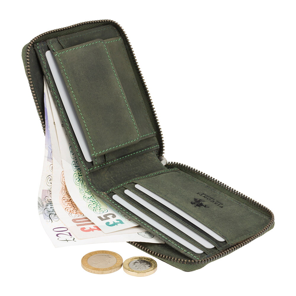 Мужской кожаный кошелек на молнии с монетницей Visconti 702 - Bullet (oil green)