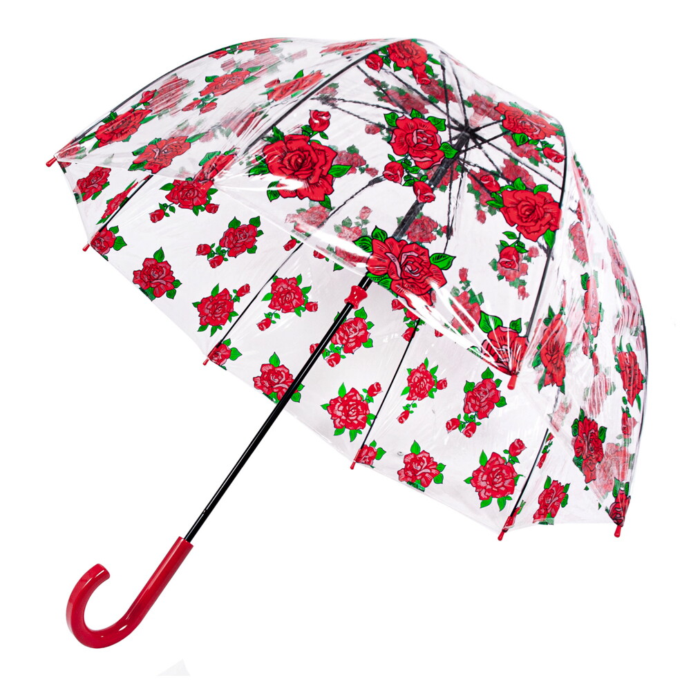 Женский прозрачный зонт-трость Fulton Birdcage-2 L042 - Tattoo Rose (Тату из роз)